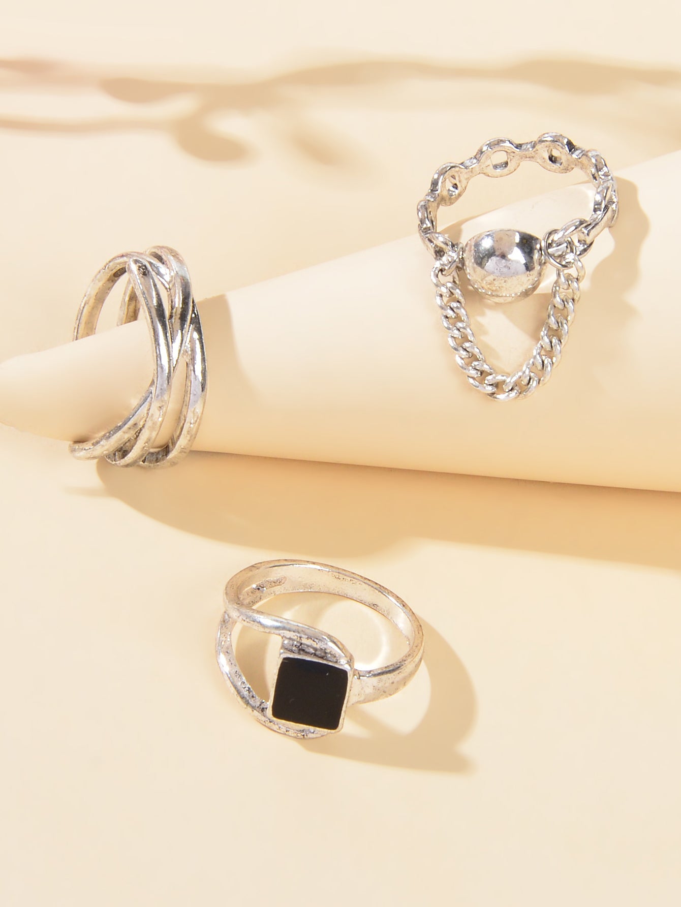 3 pcs Punk Silver Hollow Carved with Chain Statement Stacking Knuckle Rings set