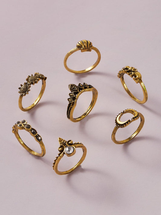 7 pcs Vintage Jewellery Oxidized Antique Gold Moon Shell Finger Ring Set