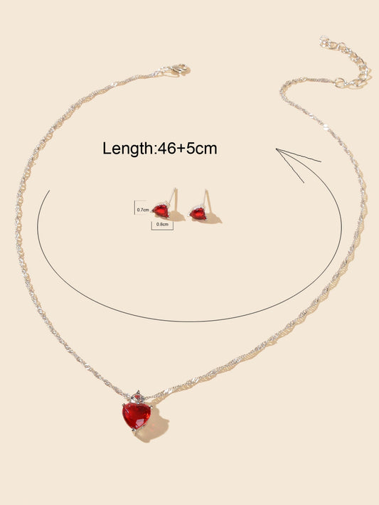 Valentine's Day Jewelry Set Gift Red Imitation Gemstone Heart Necklace Earrings
