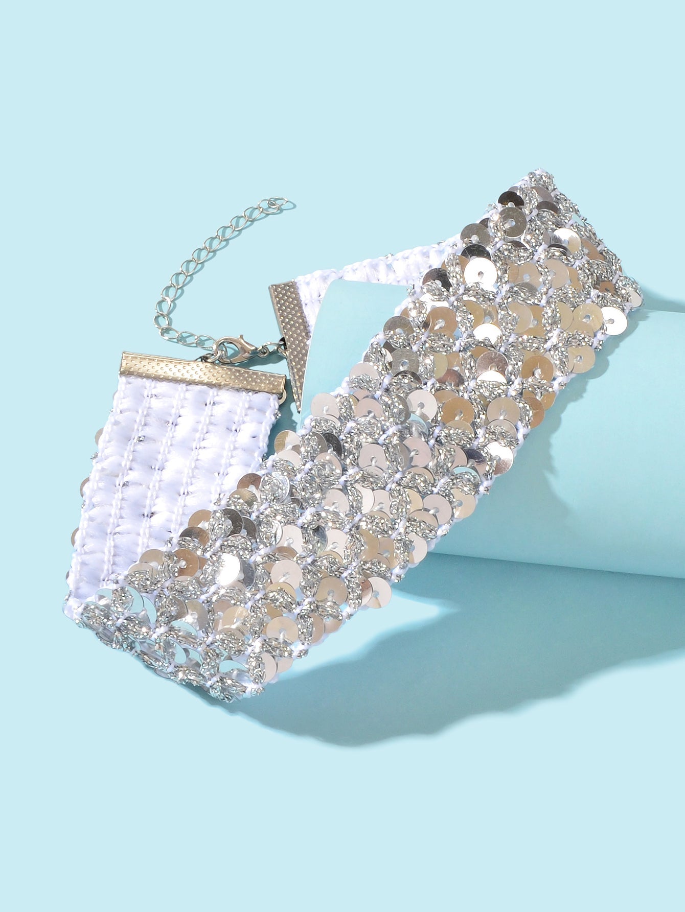 Shinny Wide Black Silver Sequin Choker Necklace Short Collar Costume Jewellery