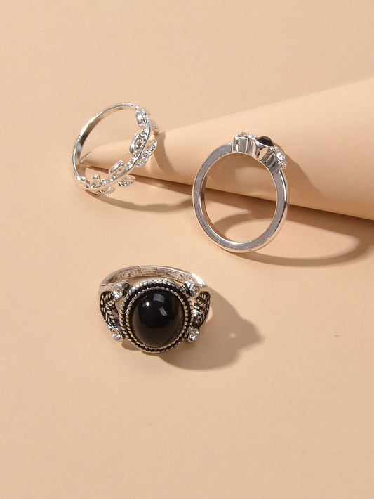 3 pcs Vintage Antique Leaf Geometric Multiple Stackable Punk Finger Rings Set