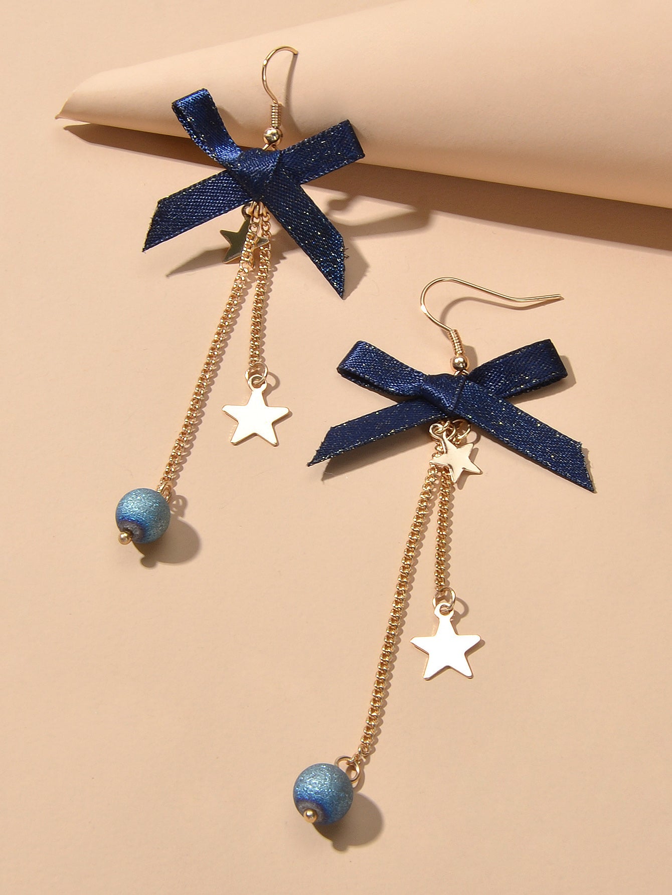 Sweet Design Blue Ribbon Bowknot Long Gold Chain Star Beads Pendant Earrings