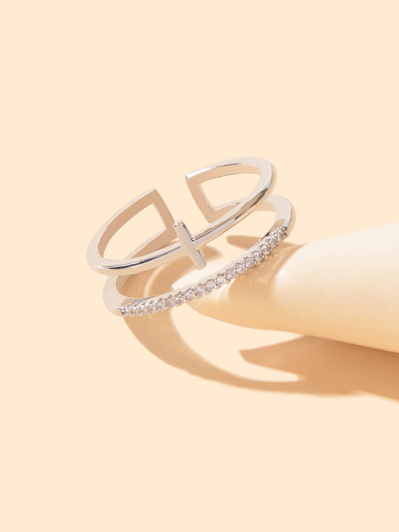 Designer Stylish Rhinestone Decor Silver Hollow out Cross Open Cuff Finger Ring