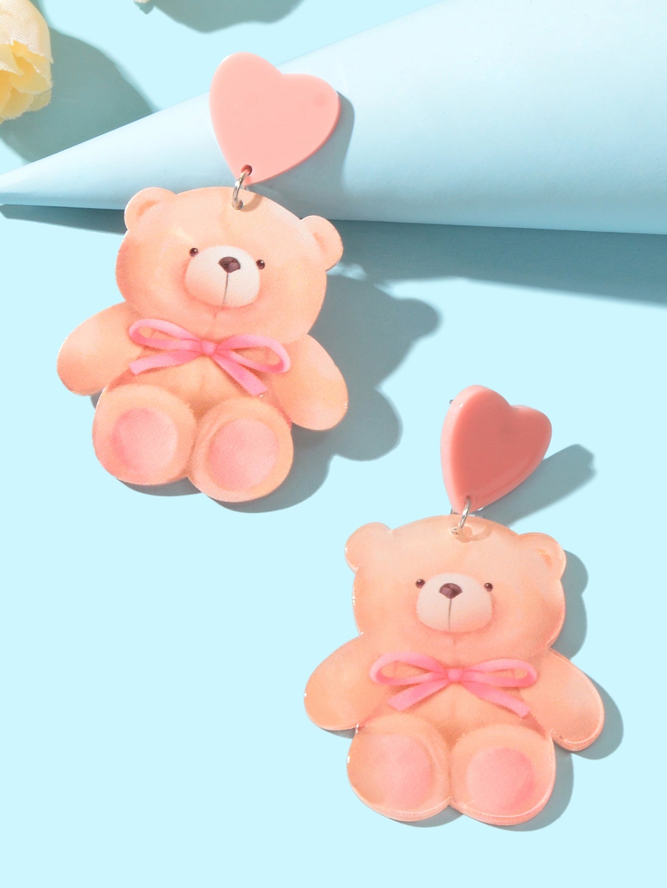 Super Sweet Pink Heart Bowknot Bear Acrylic Dangle Stud Earrings Birthday Gift