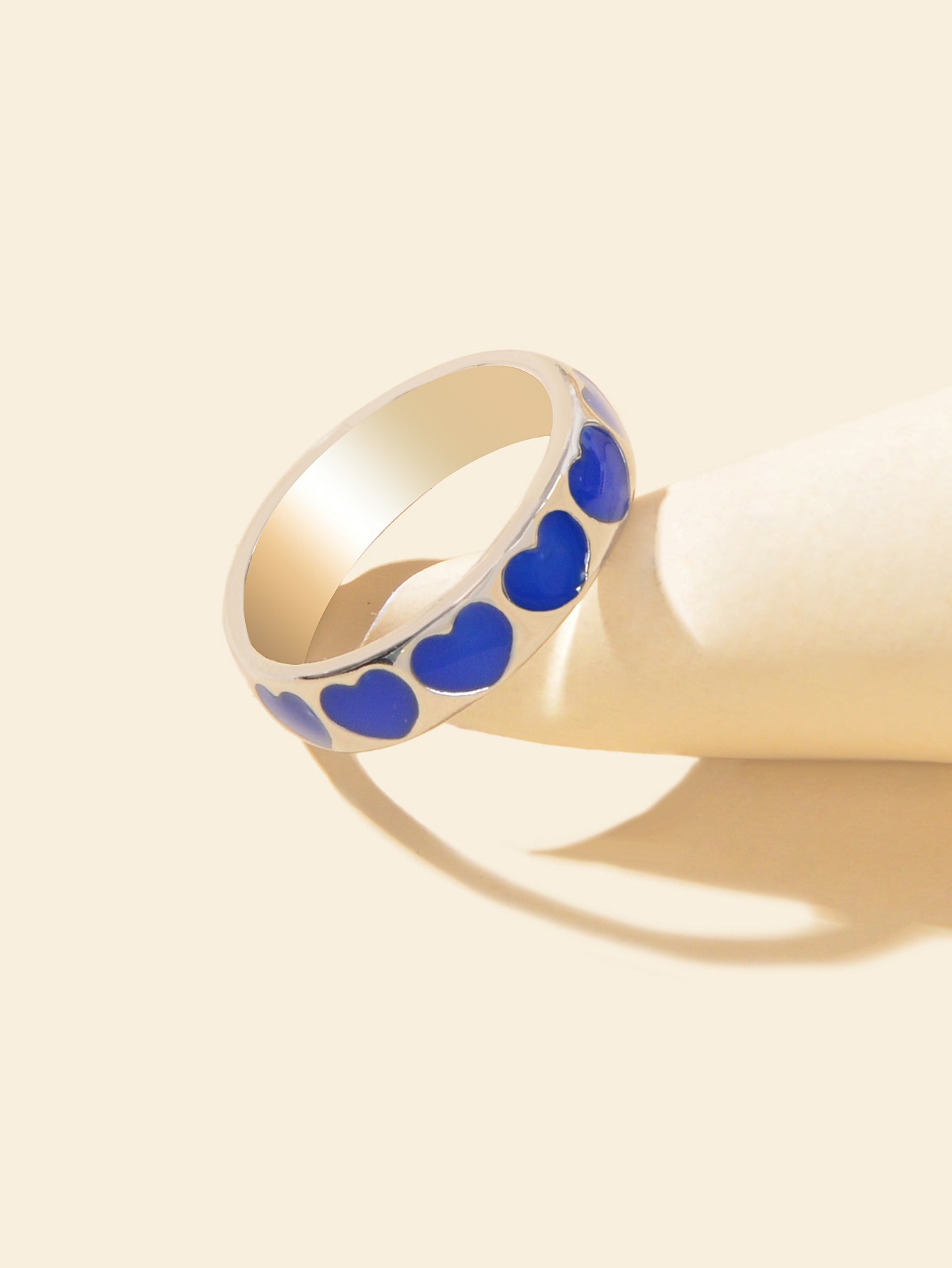 Blue Enamel Heart Silver Comfort Fit Promise Ring Women Wedding Eternity Band