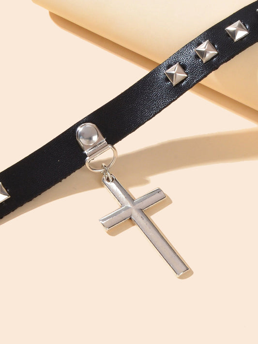 Hip Hop Red Black Pu Leather Spike Adjustable Short Choker Silver Cross Necklace