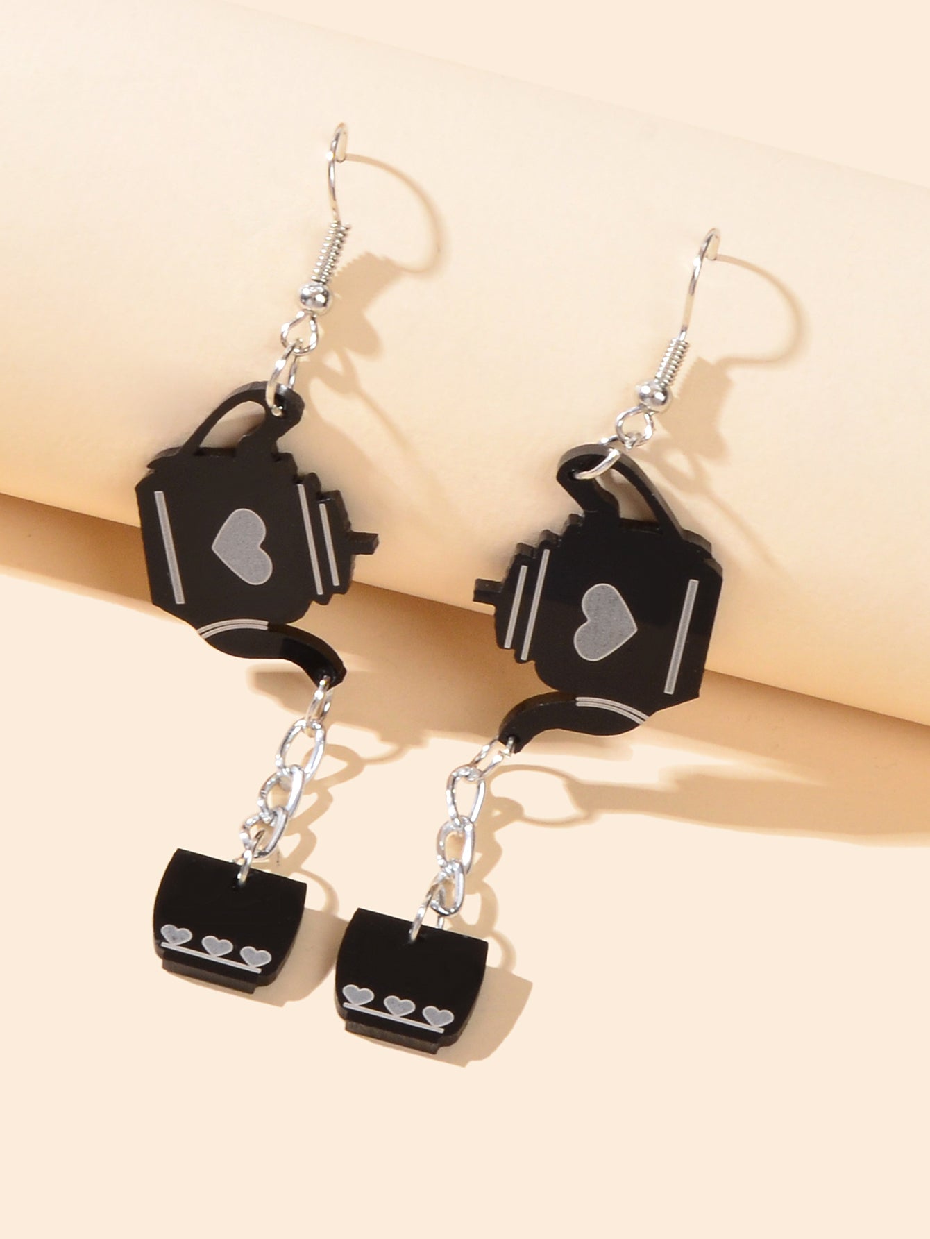 Heart Pattern Black Resin Teapot Cup Dangle Punk Hip Hop Earrings Teens Jewelry