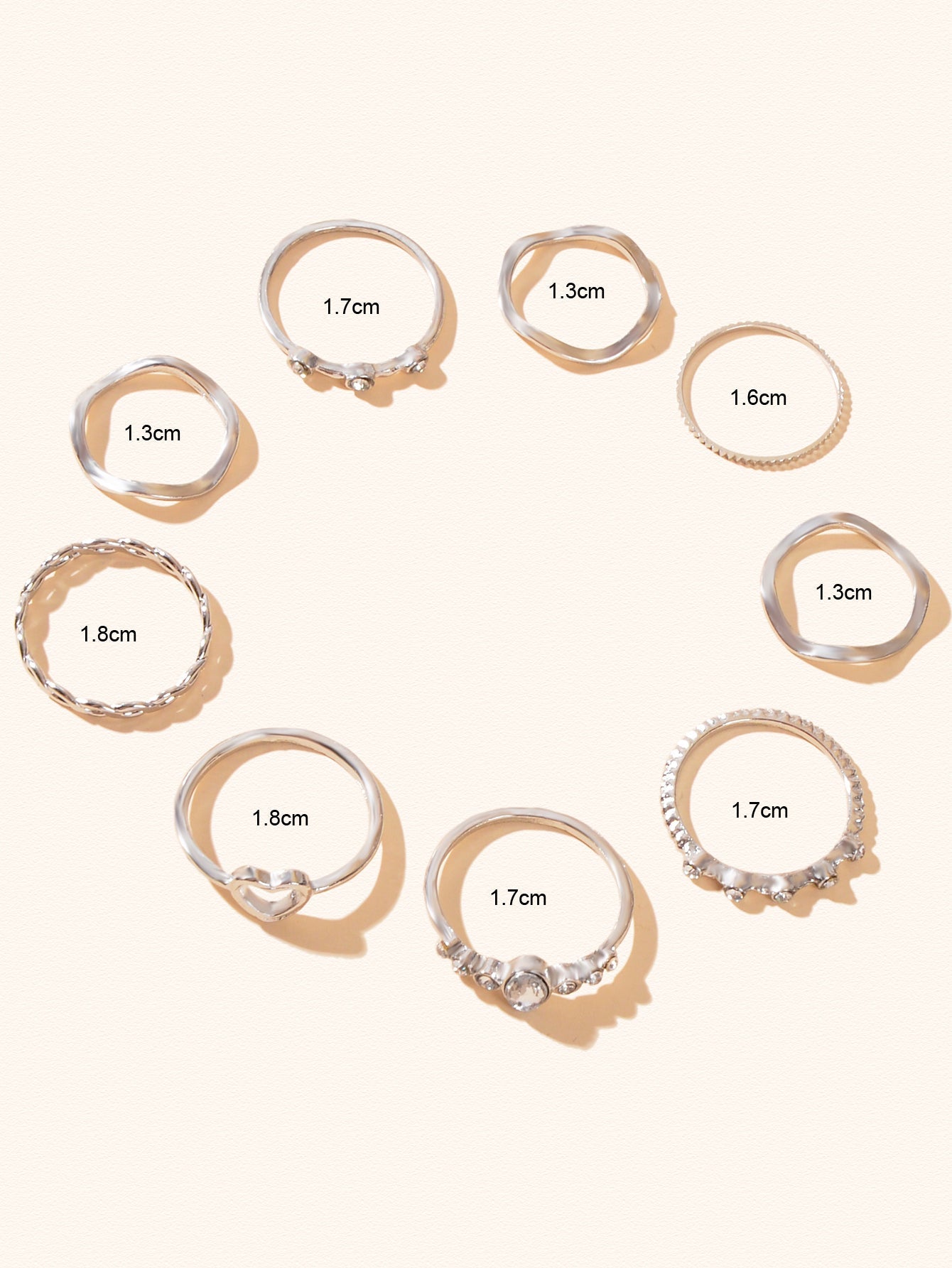 9pcs Bohemian Rhinestone Decor Silver Stackable Midi Multiple Knuckle Rings Set