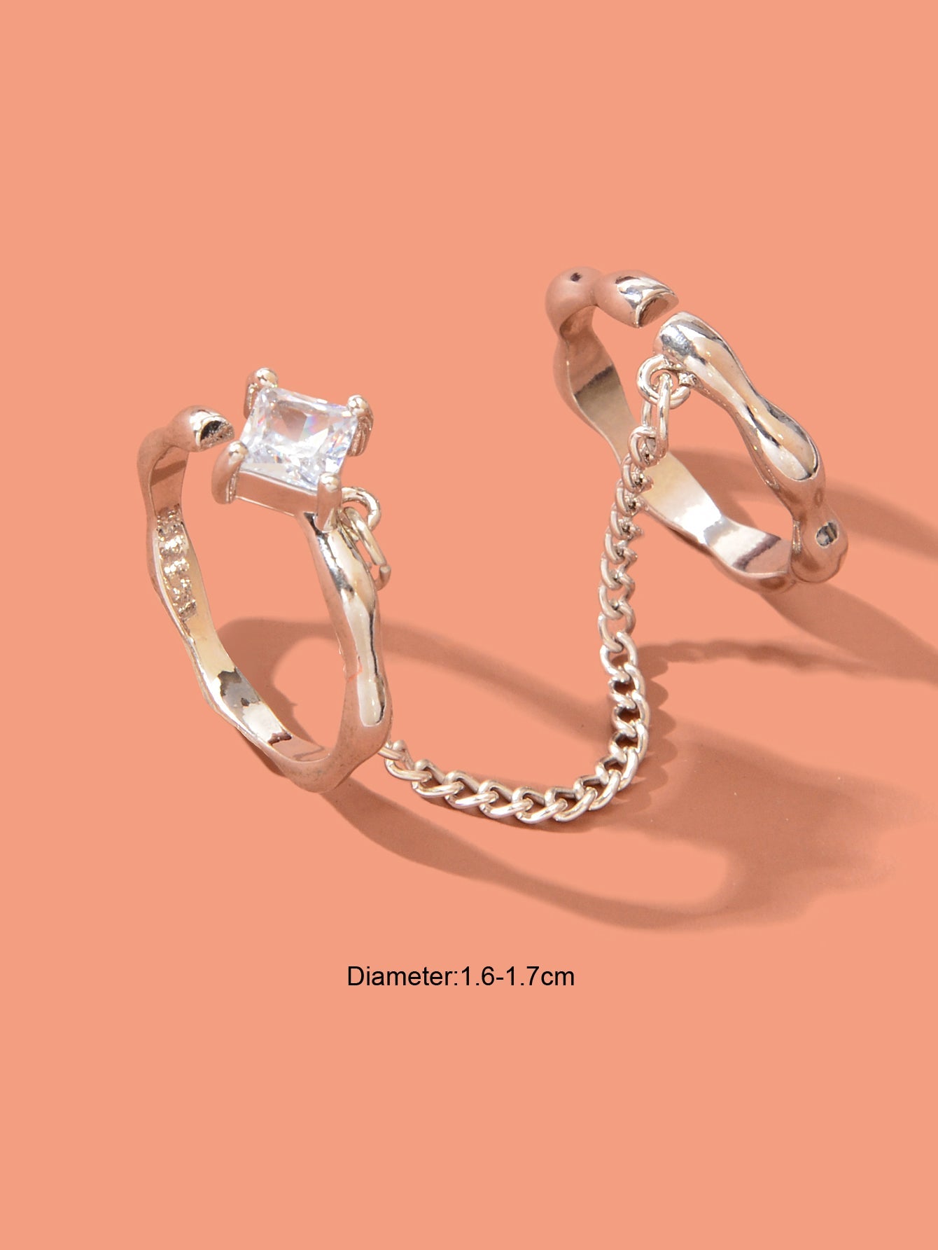 Unique Zirconia Decor Silver Double Fingers Ring with Chain Elegant Accessories