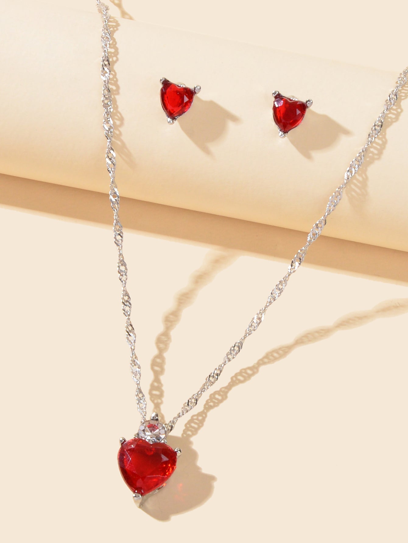 Valentine's Day Jewelry Set Gift Red Imitation Gemstone Heart Necklace Earrings