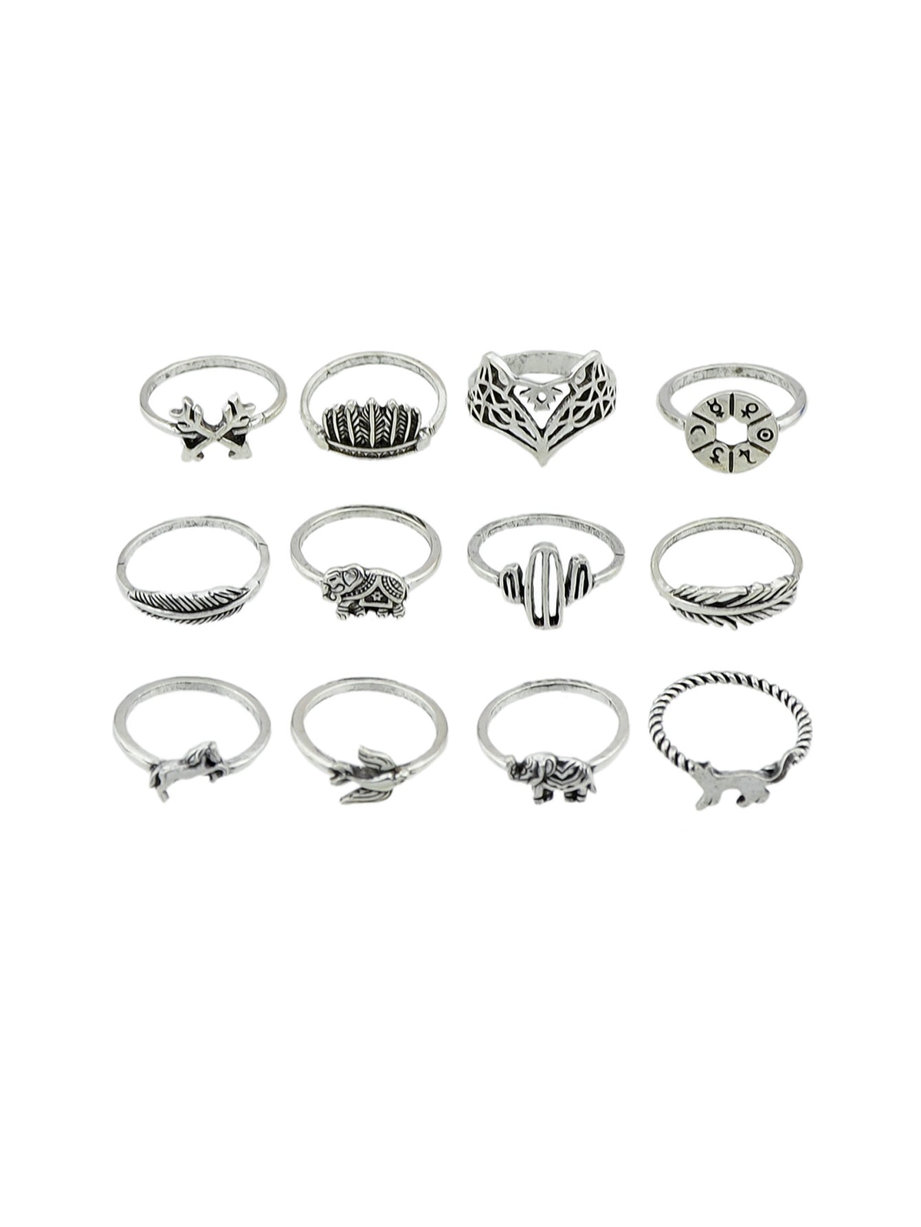 12 pcs Antique Silver Fox Bird Elephant Stackable Multiple Ring Set Jewellery