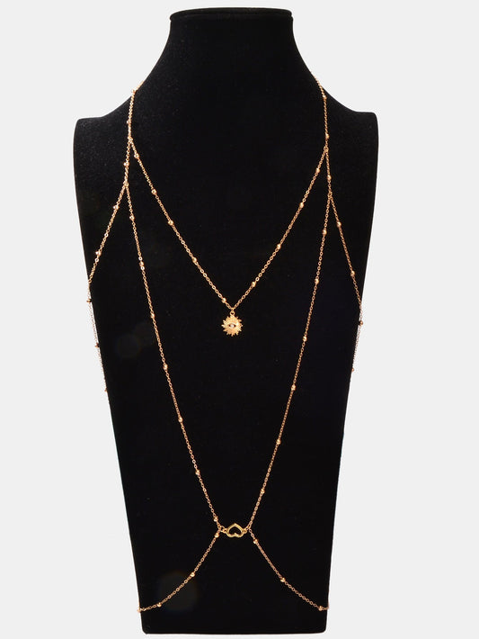Gold Layered Body Chain Eye Heart Charm Crossover Bra Bikini Beach Body Jewelry