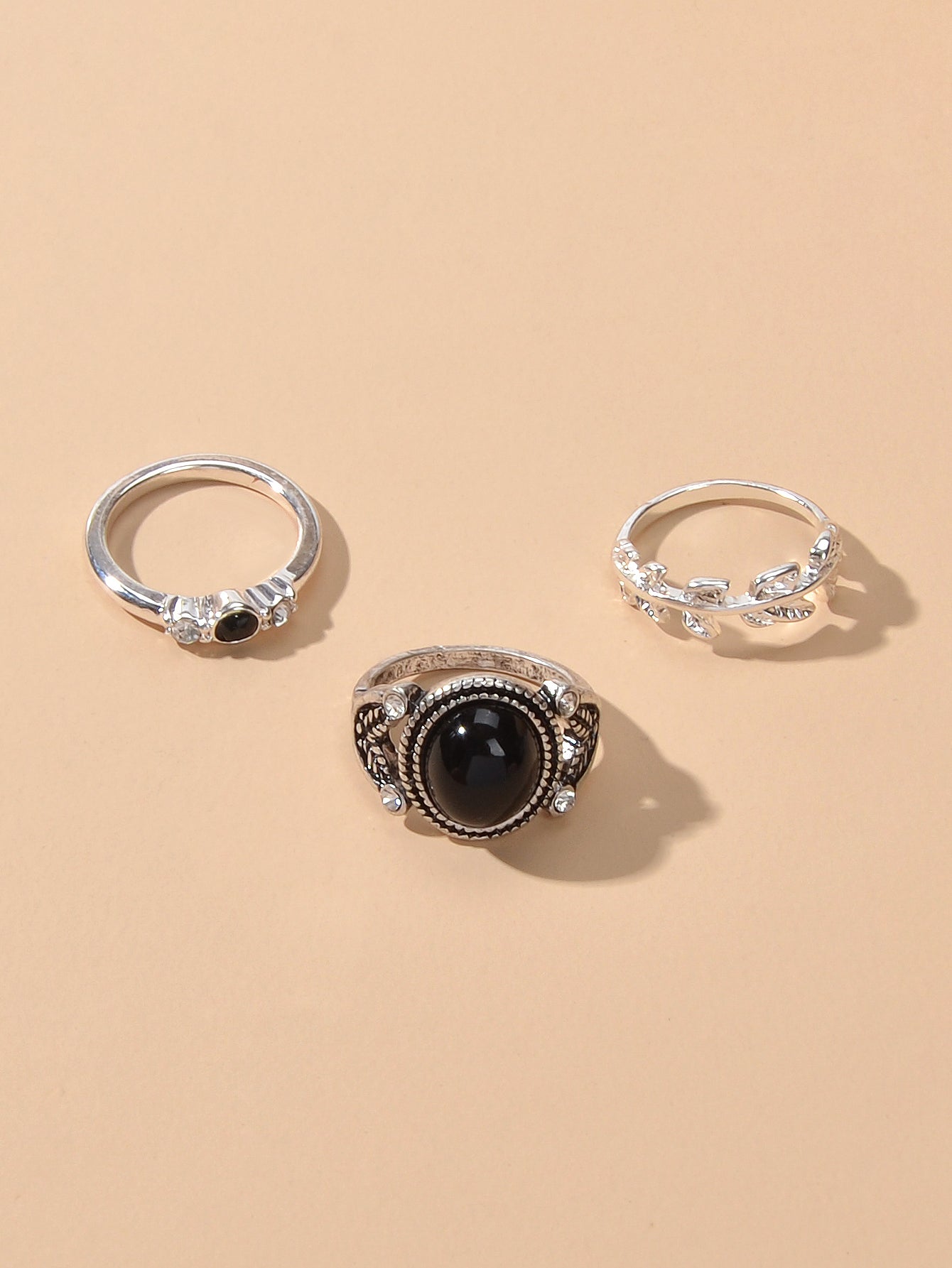 3 pcs Vintage Antique Leaf Geometric Multiple Stackable Punk Finger Rings Set