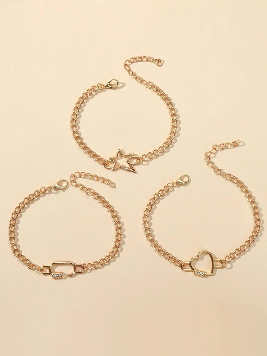 3 pcs Fashion Jewellery Gold Star Heart Geometric Charm Bracelet Set Accessories