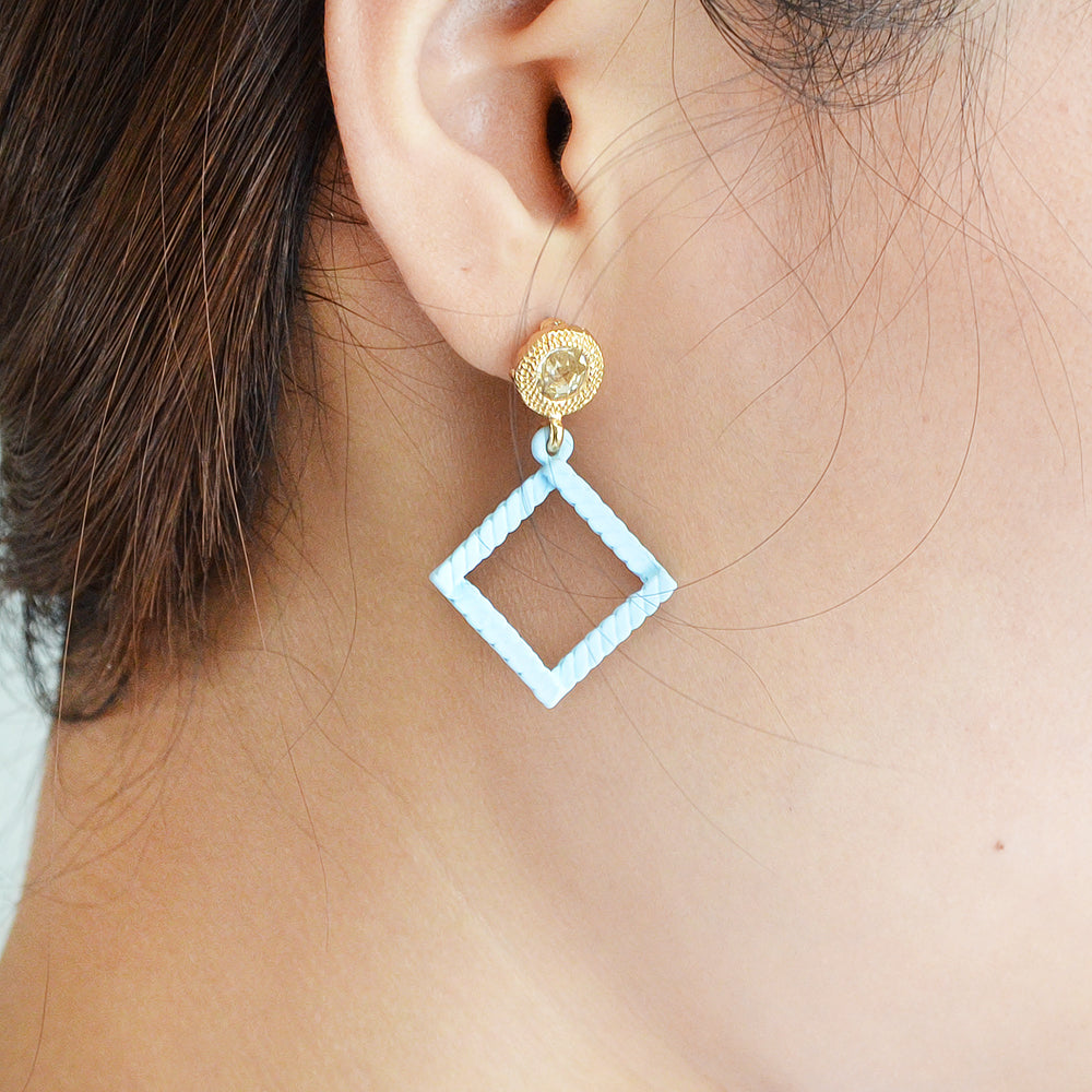 Candy Color Square Charm Dangle Rhinestone Decor Geometric Pendant Stud Earrings