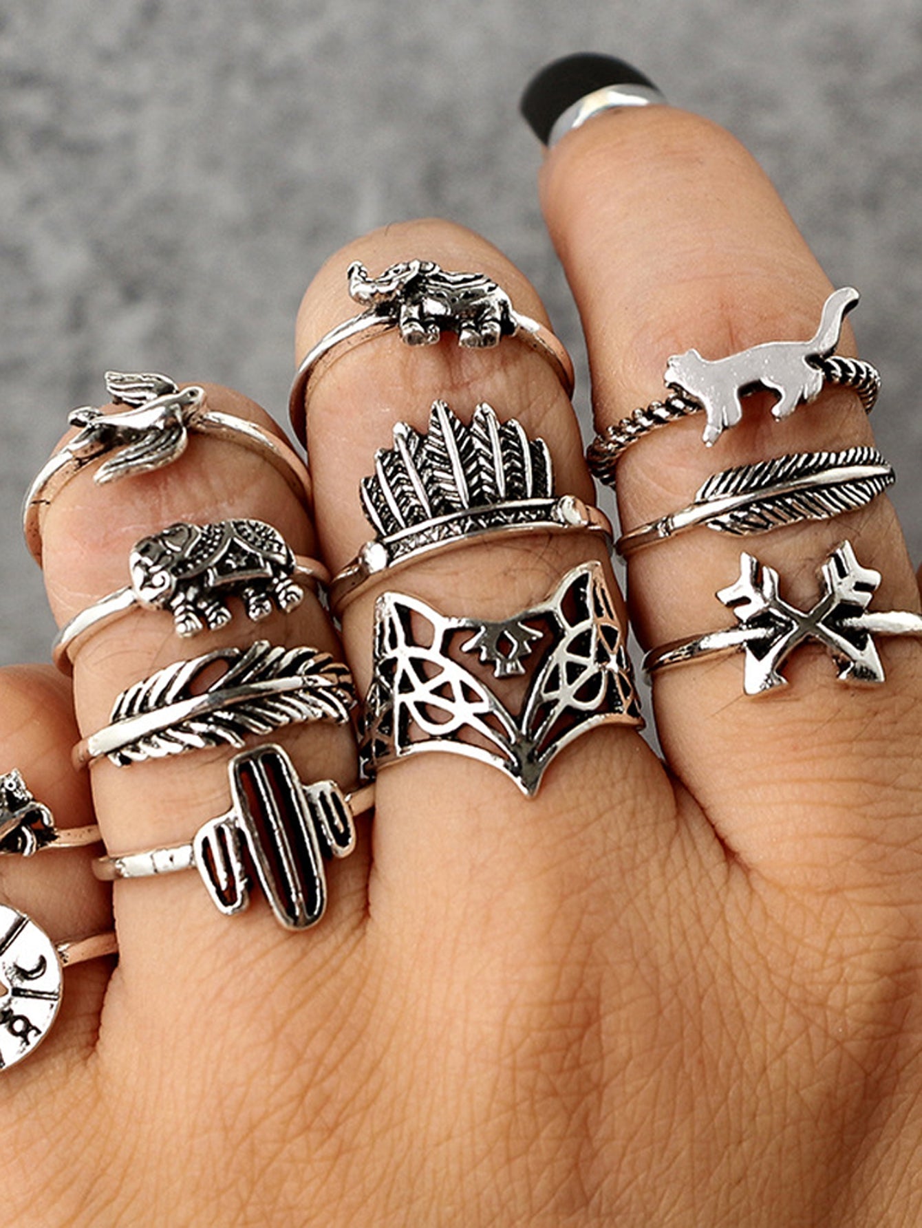 12 pcs Antique Silver Fox Bird Elephant Stackable Multiple Ring Set Jewellery