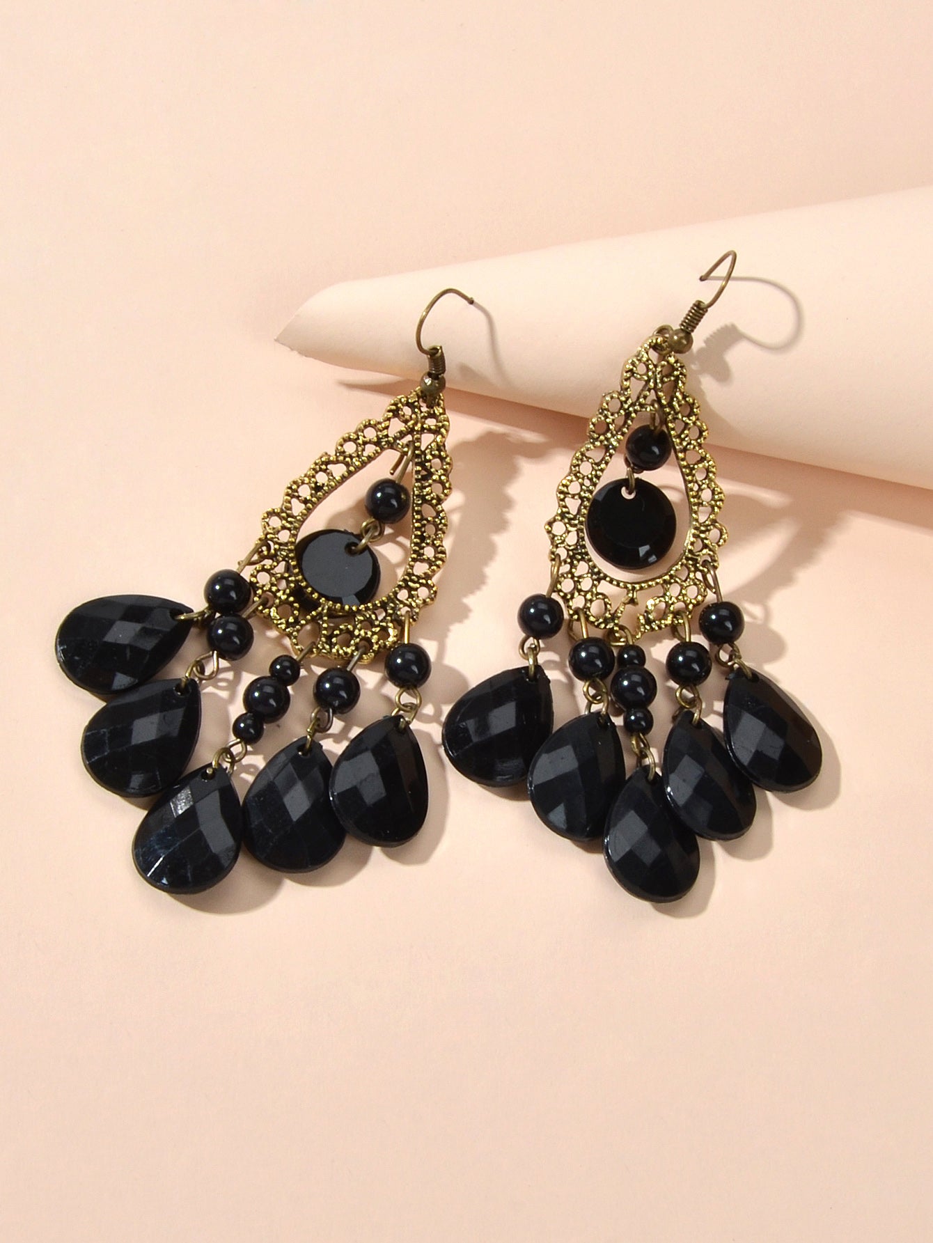 Bohemian Retro Jewellery Black Water Drop Beads Antique Gold Chandelier Earrings