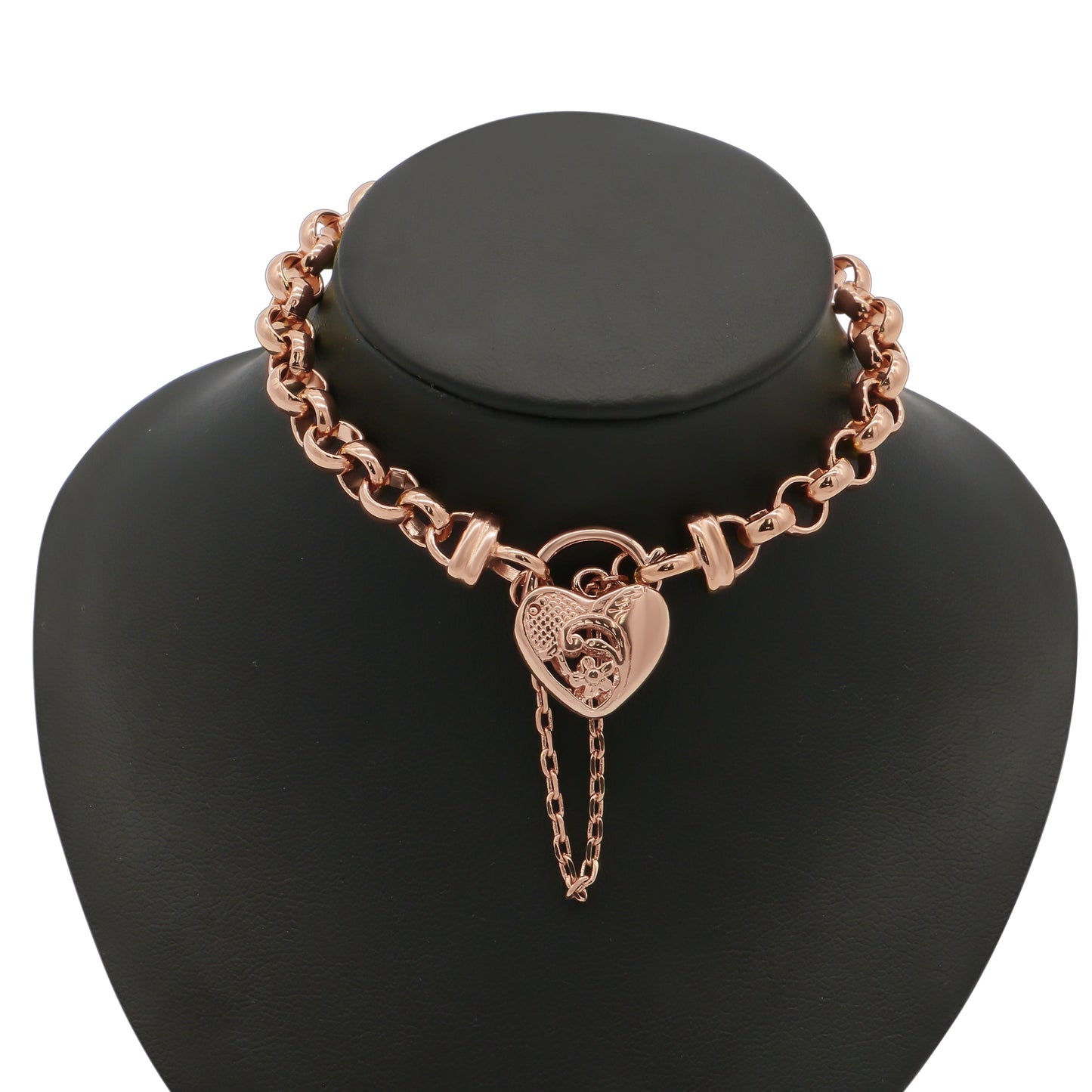 18ct Heavy Rose Gold Plated 6mm Belcher Chain Bracelet with a Vegas Heart Locket - USA Made