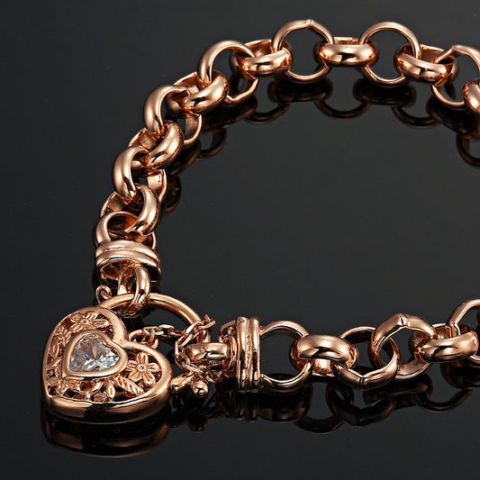 18ct Heavy Rose Gold Plated Belcher Chain Bracelet with a Filigree Locket Featuring a Simulated Diamond - USA Made