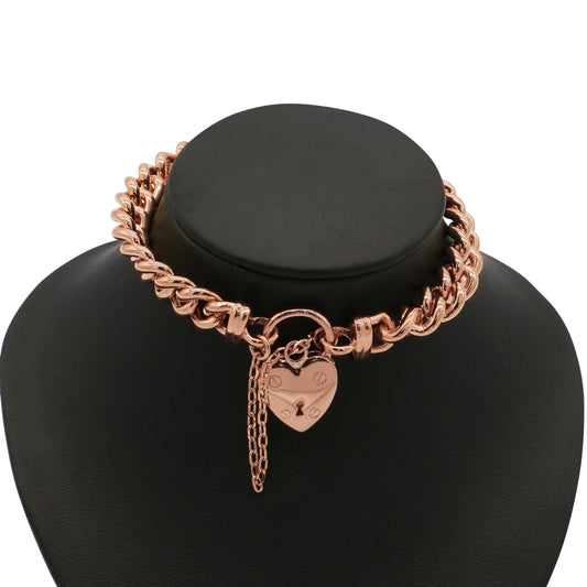 18ct Heavy Rose Gold Plated Euro Chain Bracelet with a Small Plain Heart Locket - USA Made