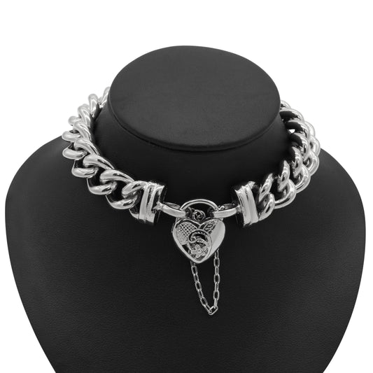 925 Sterling Silver Plated 12mm Euro Curb Chain Bracelet with a Vegas Heart Locket - USA Made