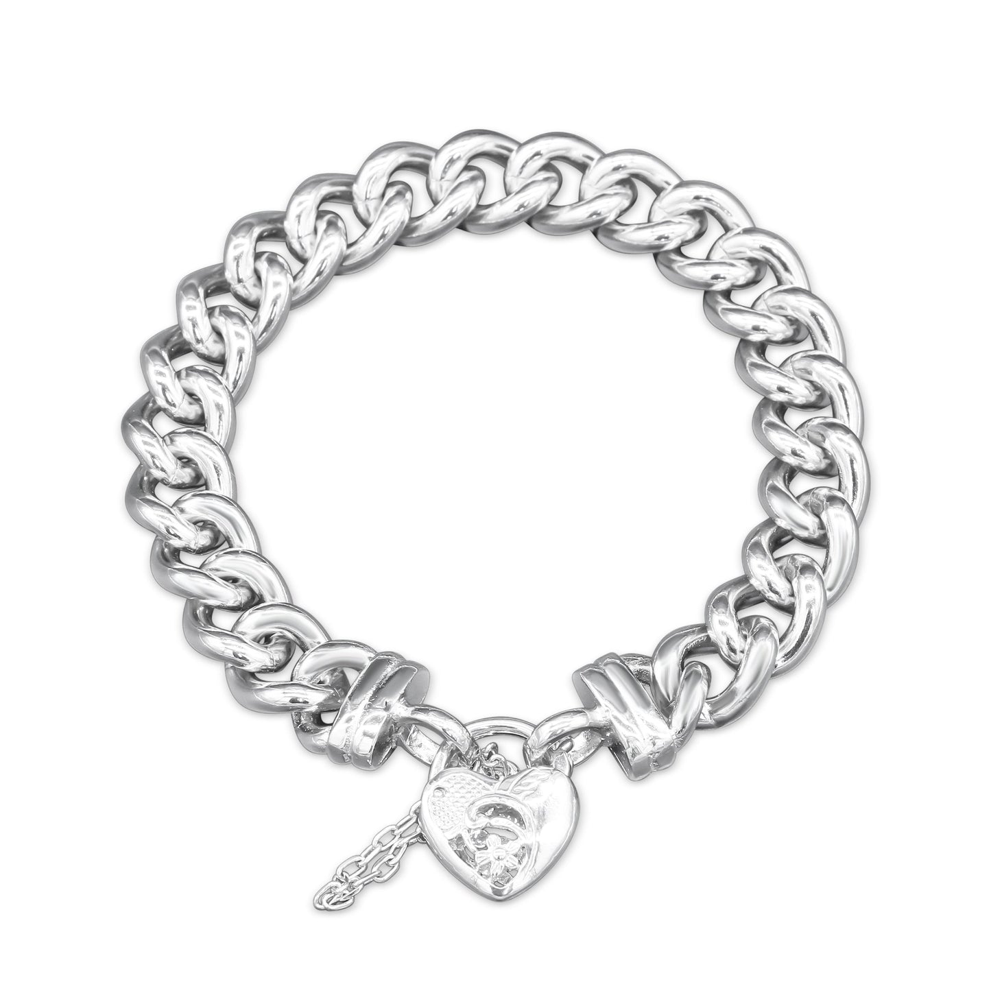 925 Sterling Silver Plated 12mm Euro Curb Chain Bracelet with a Vegas Heart Locket - USA Made