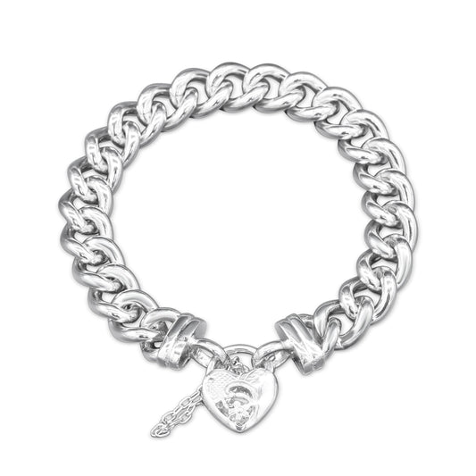 925 Sterling Silver Plated 12mm Euro Curb Chain Bracelet with a Vegas Heart Locket - USA Made