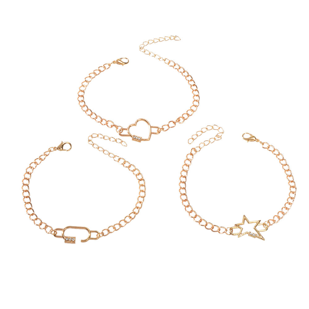 3 pcs Fashion Jewellery Gold Star Heart Geometric Charm Bracelet Set Accessories