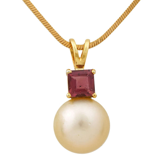 Golden South Sea Pearl with Pink Tourmaline Stone Sale Pendant 9.5 - 10.5 MM