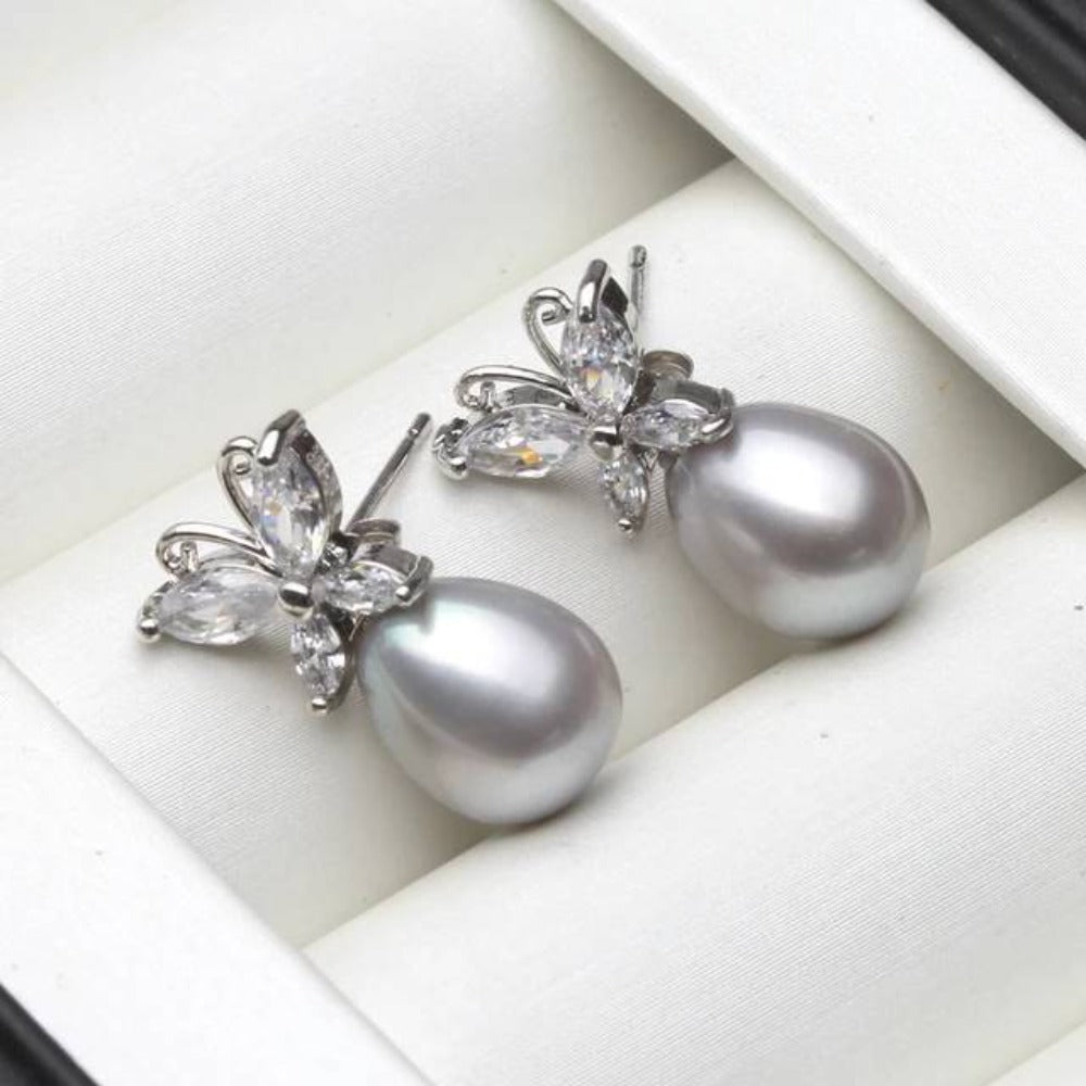 Genuine White Freshwater Pearl & Simulated Diamond Butterfly Stud Earrings