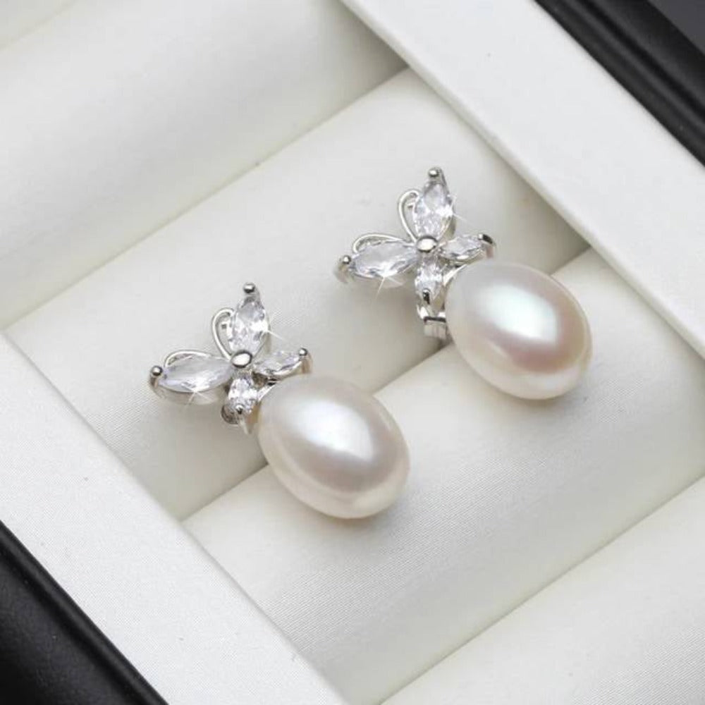 Genuine White Freshwater Pearl & Simulated Diamond Butterfly Stud Earrings