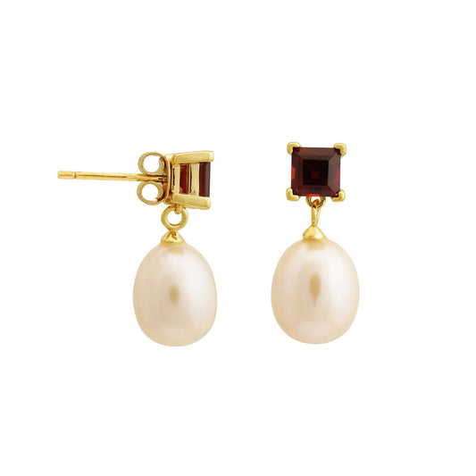 5 MM Red Garnet Square Stone & 9 - 9.5 MM Freshwater Pearl Bordeaux Drop Earrings in 24 CT Gold Plated Silver 925 Setting