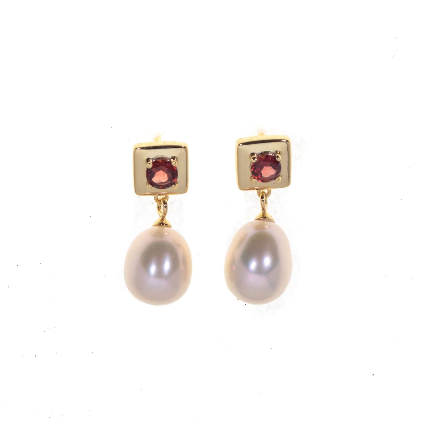 4 MM Rhodolite Garnet Stone & 9 - 9.5 MM Freshwater Pearl Vienna Earrings in 24 CT Gold Plated Silver 925 Setting