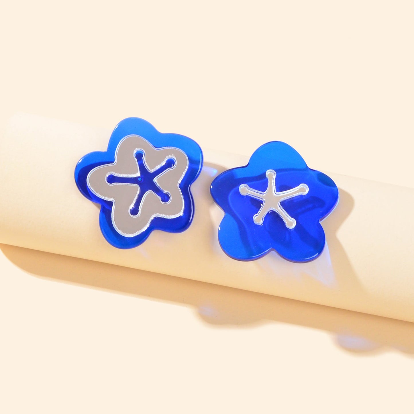 Blue Resin Asymmetrical Flower Stud Ladies Hypoallergenic Pierced Earrings Gift