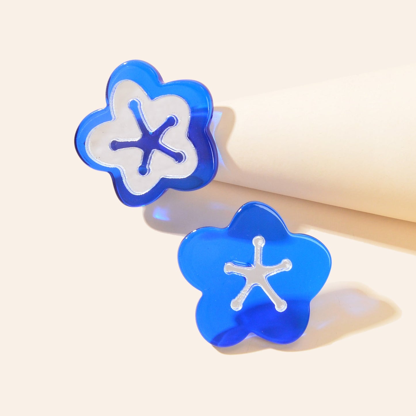 Blue Resin Asymmetrical Flower Stud Ladies Hypoallergenic Pierced Earrings Gift