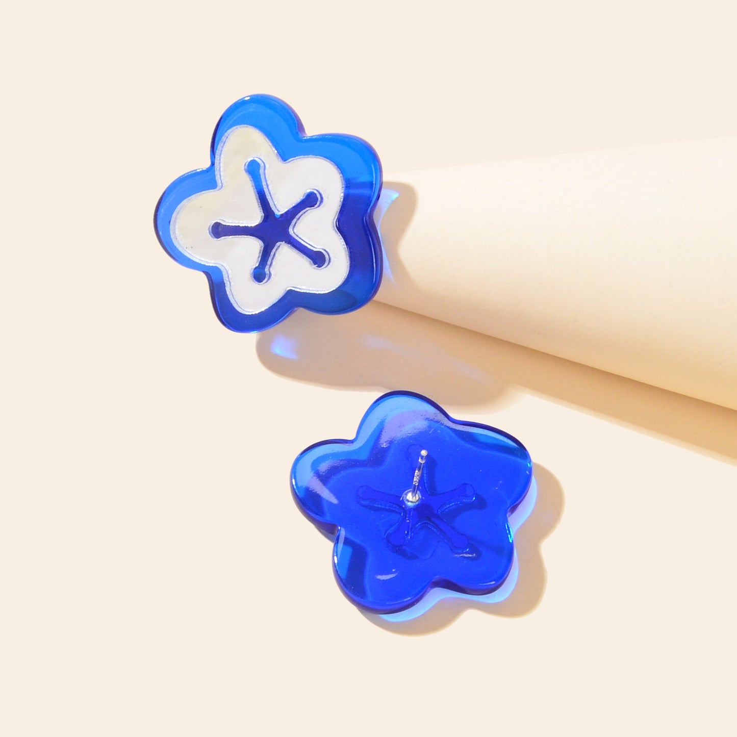 Blue Resin Asymmetrical Flower Stud Ladies Hypoallergenic Pierced Earrings Gift