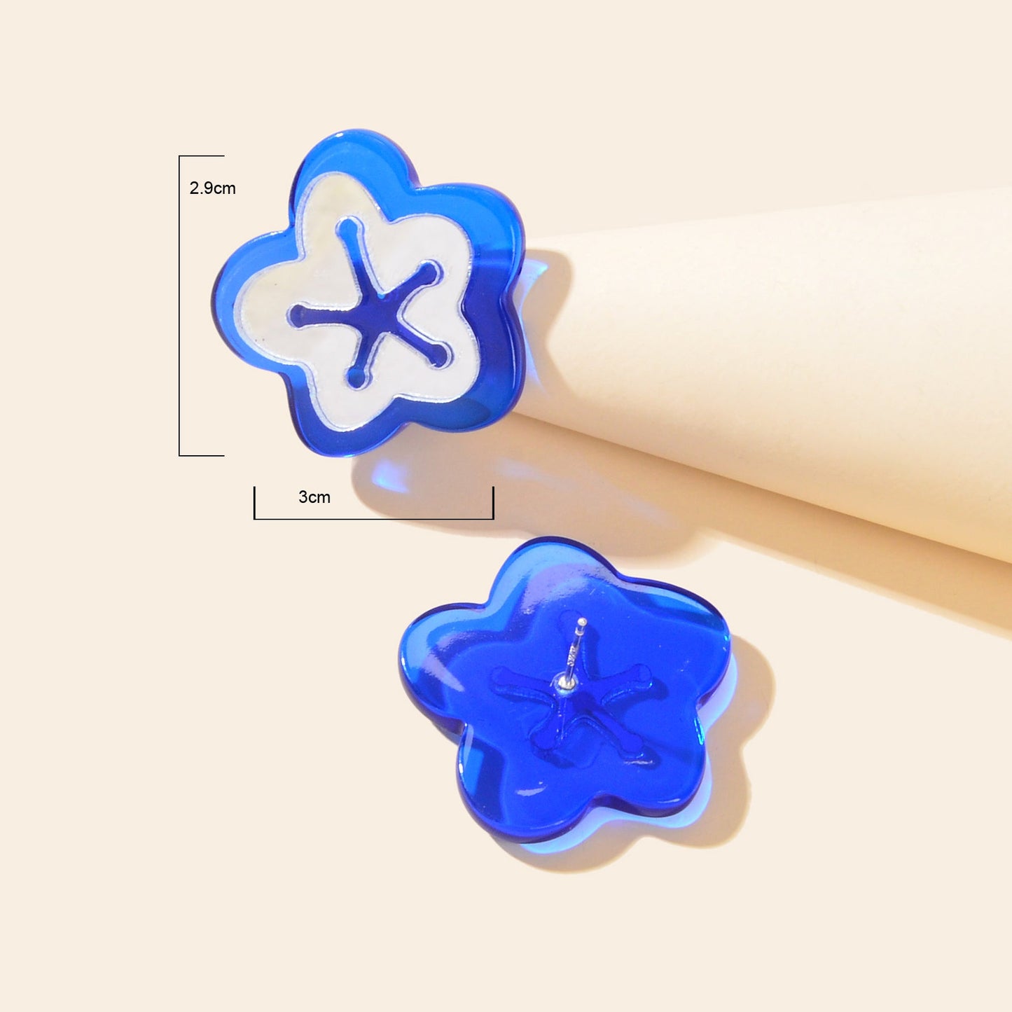 Blue Resin Asymmetrical Flower Stud Ladies Hypoallergenic Pierced Earrings Gift