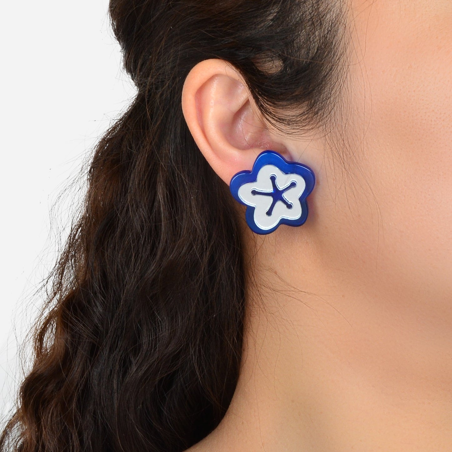 Blue Resin Asymmetrical Flower Stud Ladies Hypoallergenic Pierced Earrings Gift