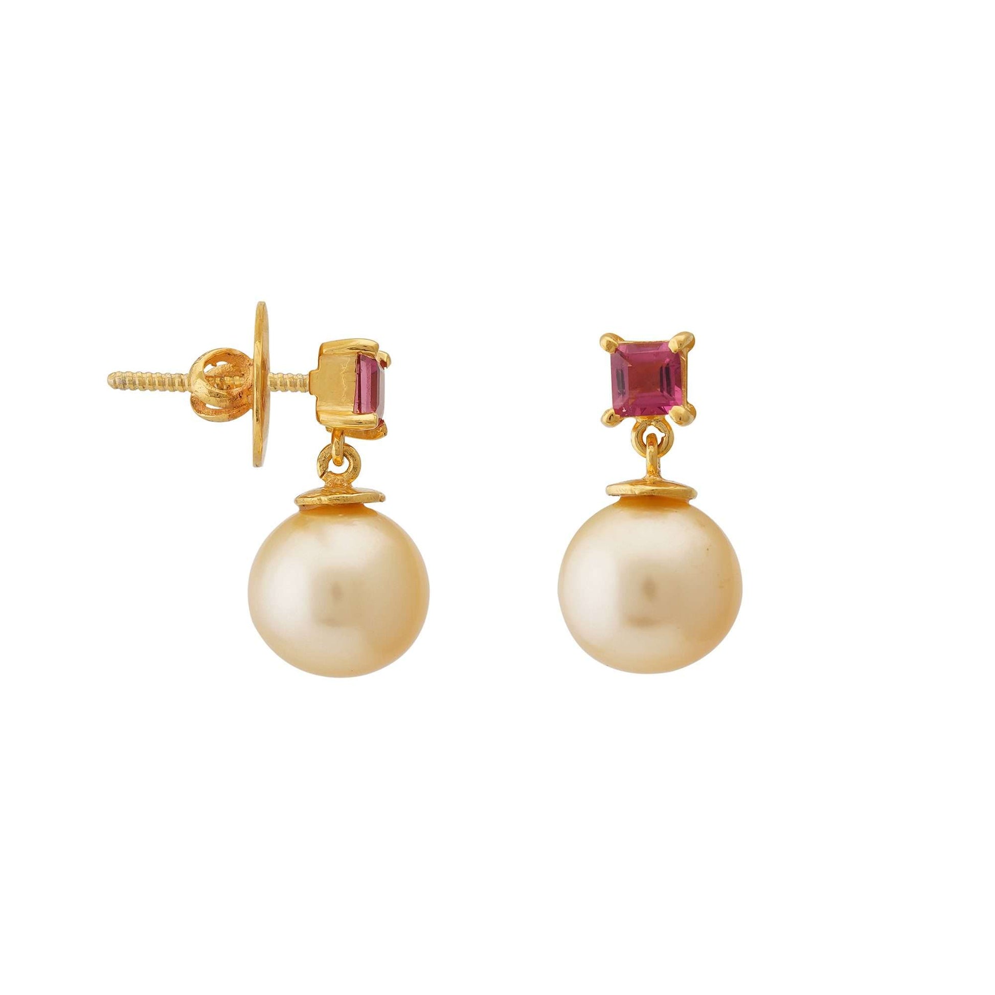 Golden South Sea pearl drop earrings with pink tourmaline