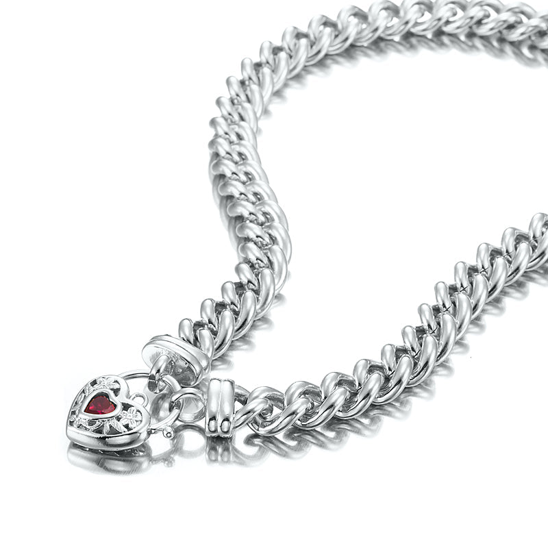 925 Sterling Silver Plated Euro Chain Necklace with a Filigree Locket Featuring a Simulated Ruby - USA Made