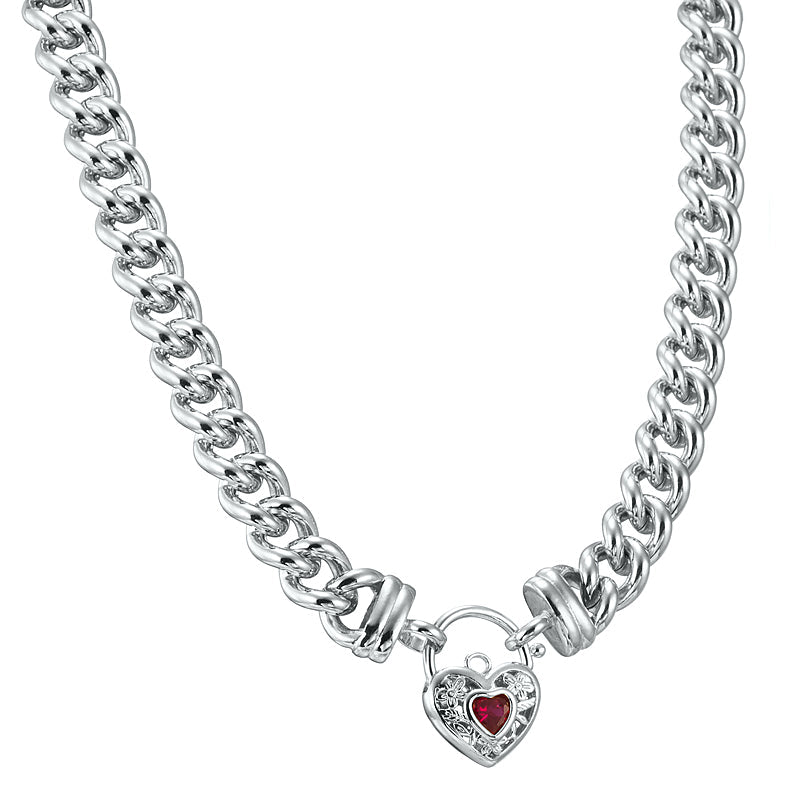 925 Sterling Silver Plated Euro Chain Necklace with a Filigree Locket Featuring a Simulated Ruby - USA Made