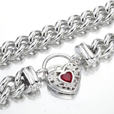 925 Sterling Silver Plated Euro Chain Necklace with a Filigree Locket Featuring a Simulated Ruby - USA Made