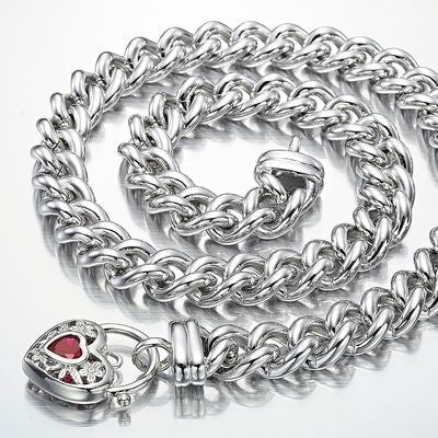 925 Sterling Silver Plated Euro Chain Necklace with a Filigree Locket Featuring a Simulated Ruby - USA Made