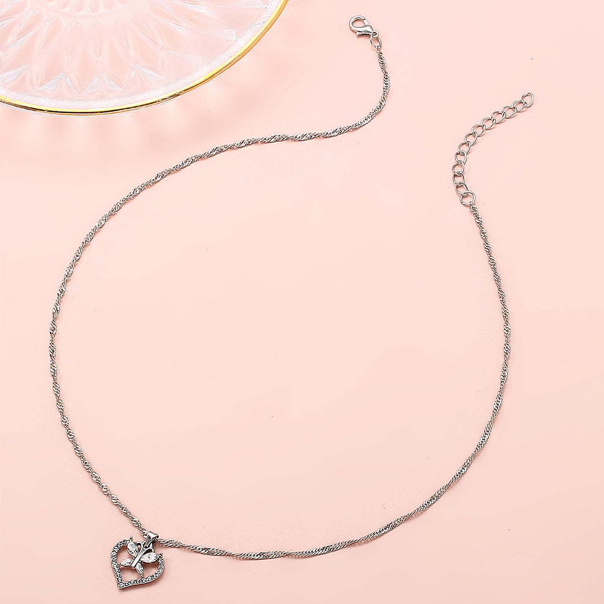 Anniversary Jewelry Silver Chain Full Rhinestone Butterfly Heart Charm Necklace