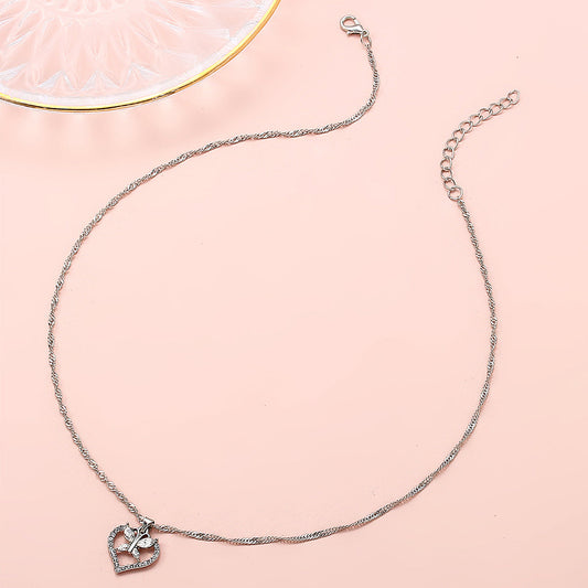 Anniversary Jewelry Silver Chain Full Rhinestone Butterfly Heart Charm Necklace