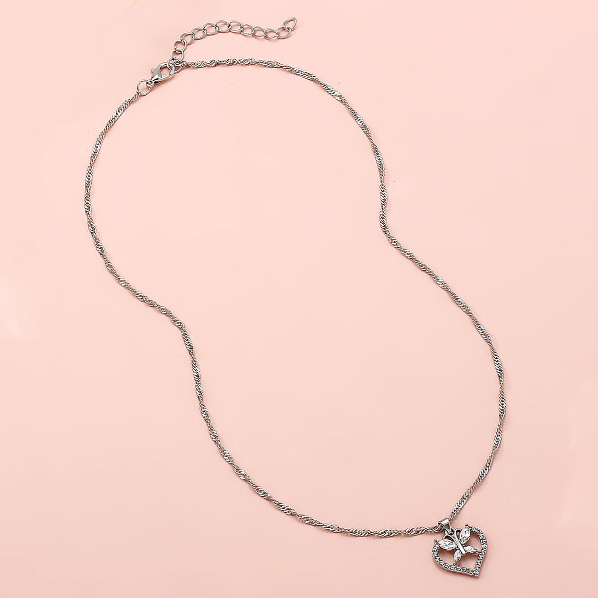 Anniversary Jewelry Silver Chain Full Rhinestone Butterfly Heart Charm Necklace