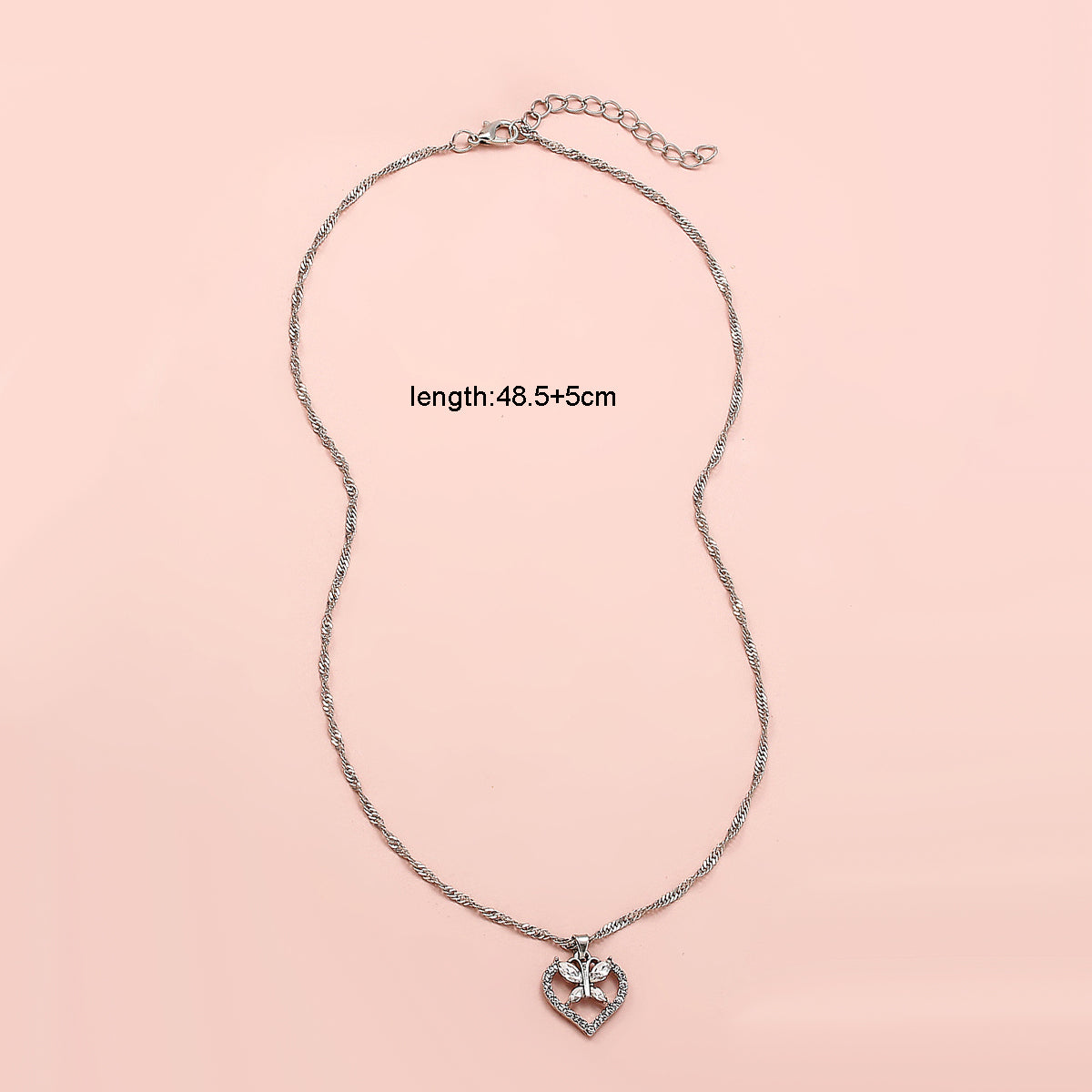 Anniversary Jewelry Silver Chain Full Rhinestone Butterfly Heart Charm Necklace