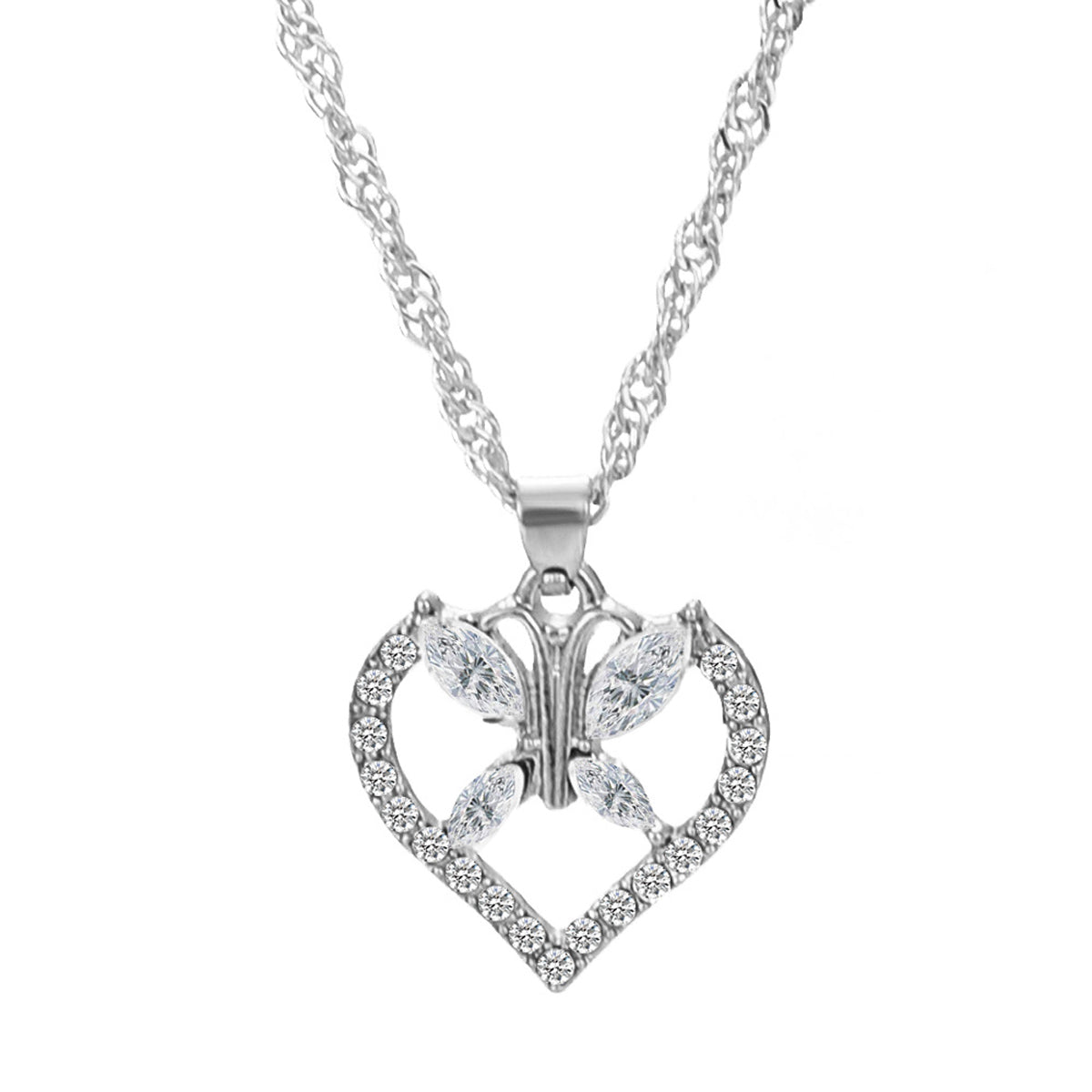 Anniversary Jewelry Silver Chain Full Rhinestone Butterfly Heart Charm Necklace