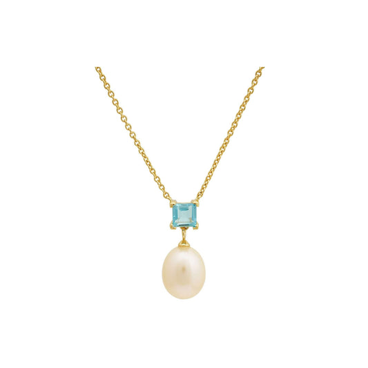 5 MM Blue Topaz Square Cut Stone & 9 - 9.5 MM Freshwater Pearl Venice Drop Pendant Necklace - Adjustable Chain in 24 CT Silver 925 Setting