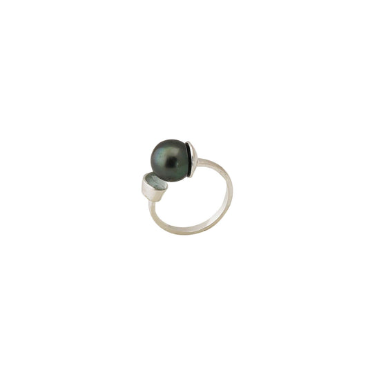 Tahitian Pearl 10.5-11.5 mm AdjustableSize 7 Ring with Aquamarine Stone